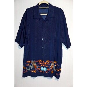 Vintage ODO Mens XL Blue Shirt Red Flame Dragon Button Up